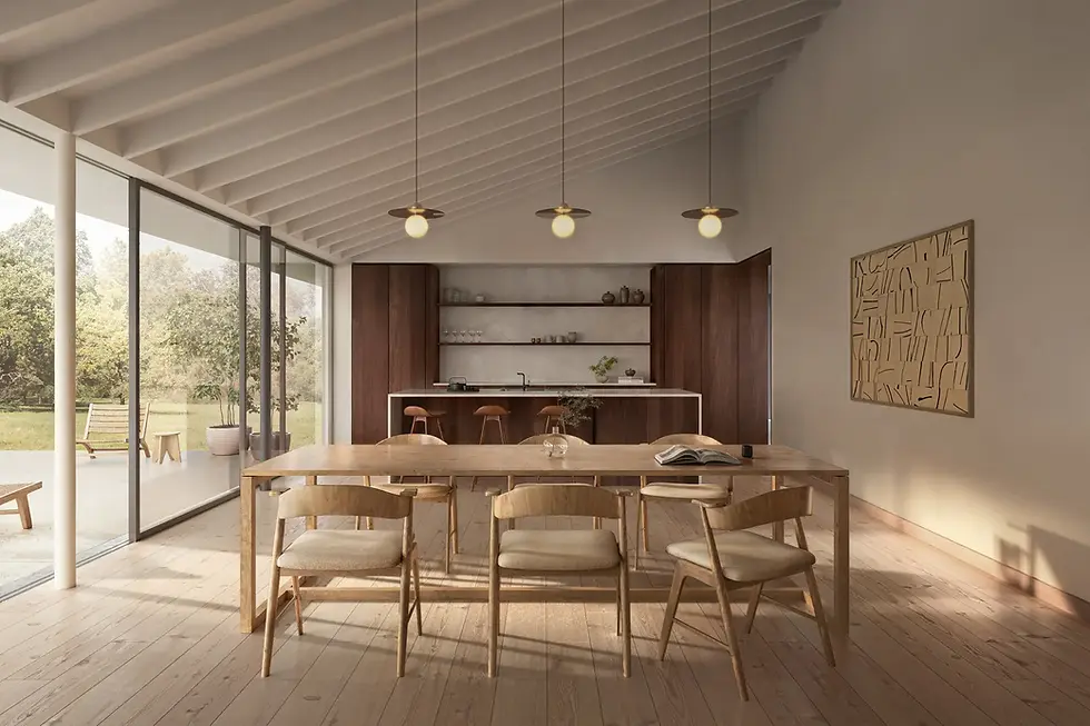 Minimalist kitchen and dining area with wooden furniture, pendant lights, large windows, a view of an outdoor garden, and abstract art on the wall