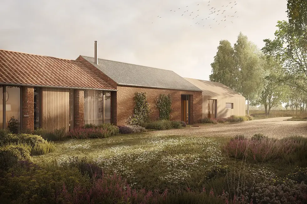 Single-story barn conversion with wooden and brick facades surrounded by a wildflower meadow and trees under a cloudy sky