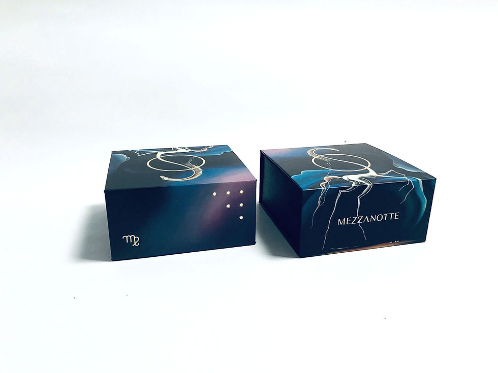 Scatole regalo Mezzanotte: design elegante, dettagli zodiacali, packaging di lusso.