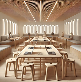 DALL·E 2024-09-18 14.58.47 - A minimalistic light therapy studio with wide center tables designed to accommodate laptops. Each seating area has individual charging points subtly i.png
