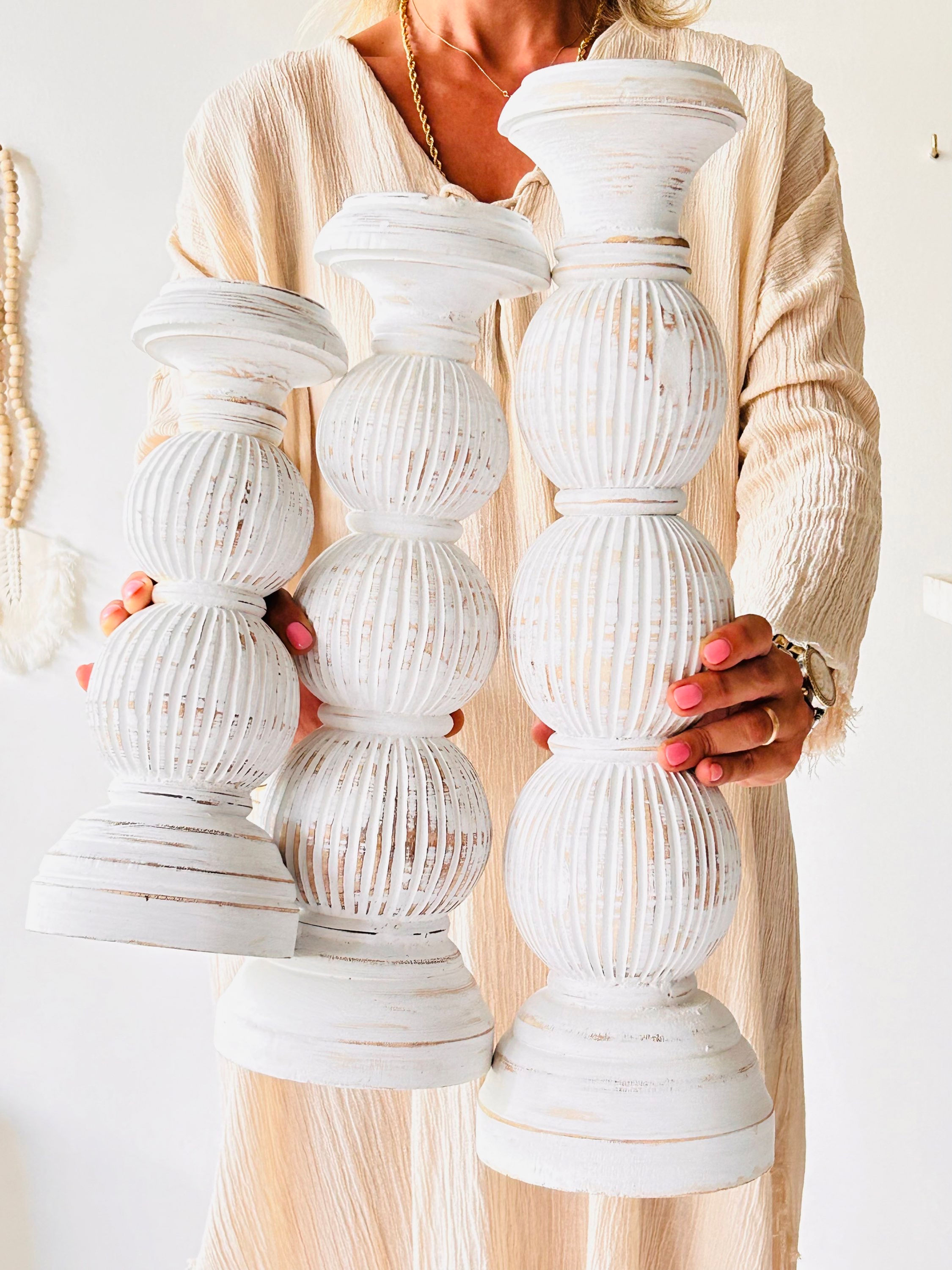 3’lü Şamdan Set / Eskitme Beyaz / 50 cm - 40 cm -30 cm