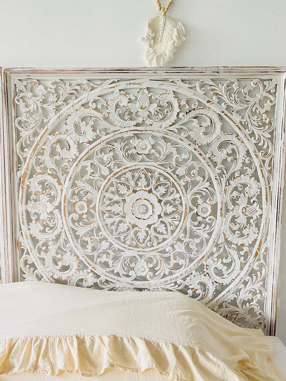 Küçük resim: 100 cm x 100 cm el oyması ahşap mandala / yatak başı