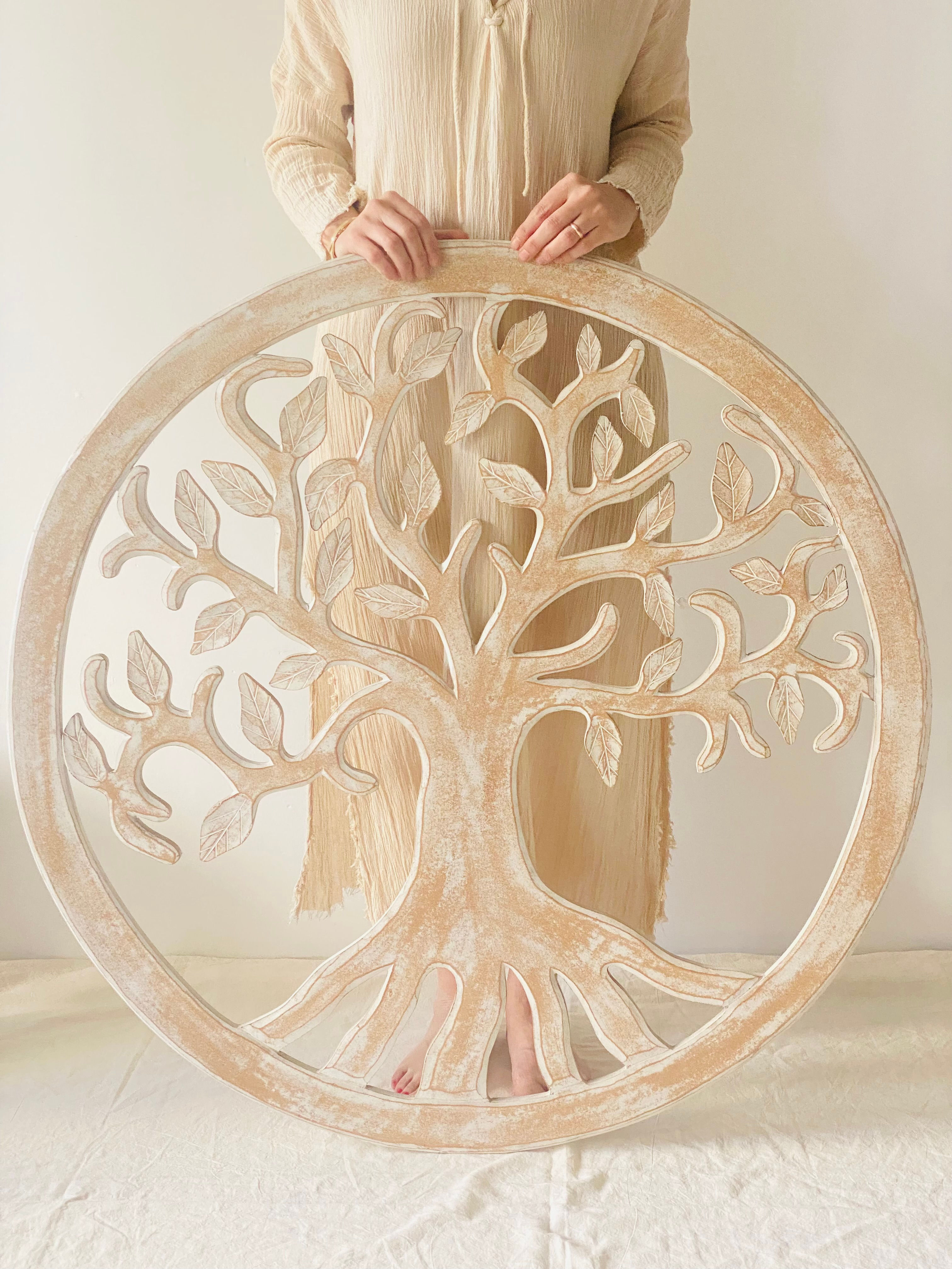 100 cm el oyması ahşap hayat ağacı mandala / naturel renk