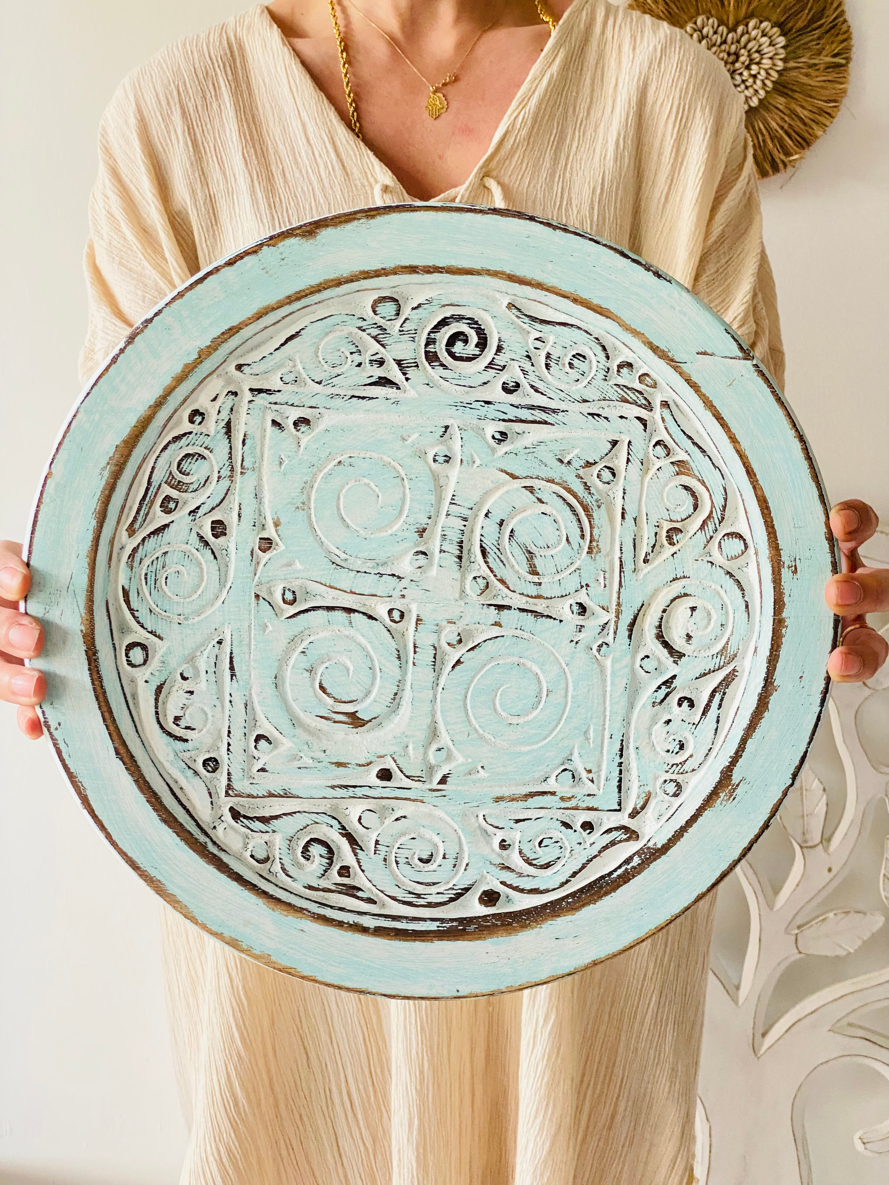 Ahşap El Oyması Tabak / Duvar Dekoru - Vintage Yeşil