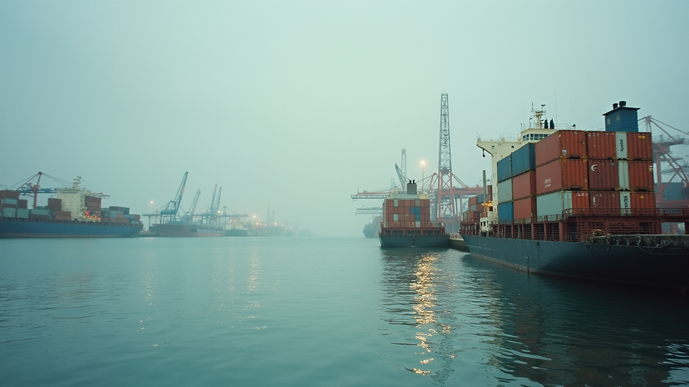 Vue en plongée d’un port avec des cargaisons diverses