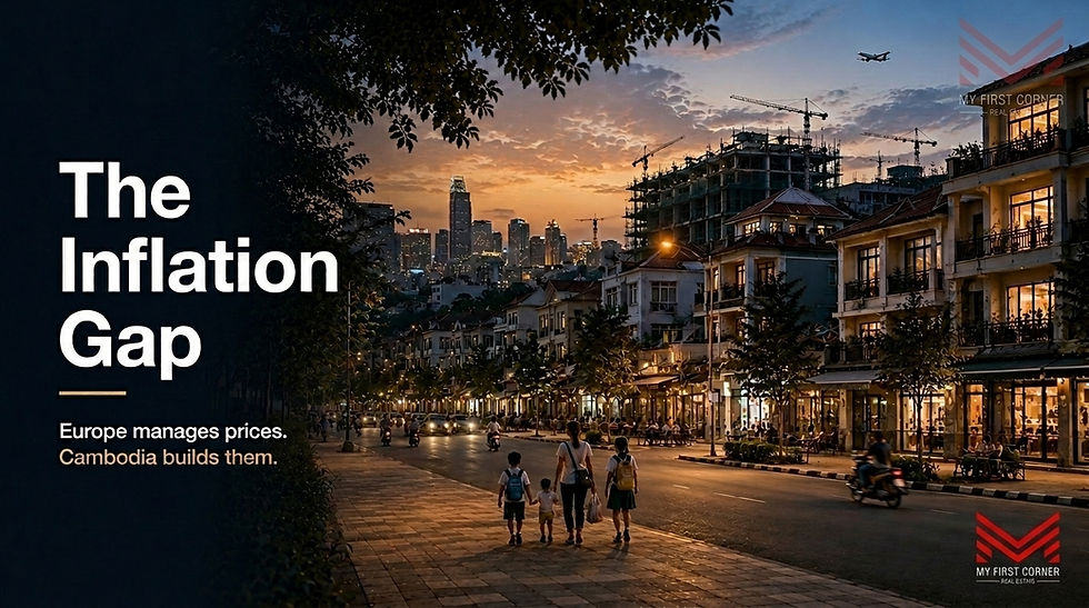 Phnom Penh skyline framing Cambodia real estate 2026 investment outlook against European inflation data.
