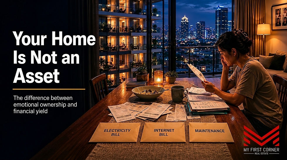 Investor reviewing mortgage and rental yield figures at a desk, weighing whether a home is an asset or a liability