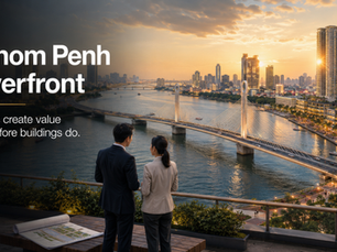 Phnom Penh riverfront skyline at Koh Pich and Koh Norea along the Bassac River at dusk