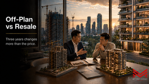 Off-plan vs resale comparison for a Phnom Penh condo tower under construction beside a completed residential building