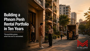 Phnom Penh rental portfolio concept: a row of modern condominium towers along a Phnom Penh boulevard at dusk
