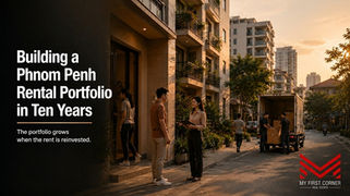 Phnom Penh rental portfolio concept: a row of modern condominium towers along a Phnom Penh boulevard at dusk