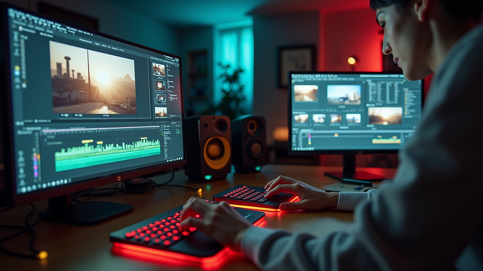 Close-up view of a film editing workspace with a computer and editing software