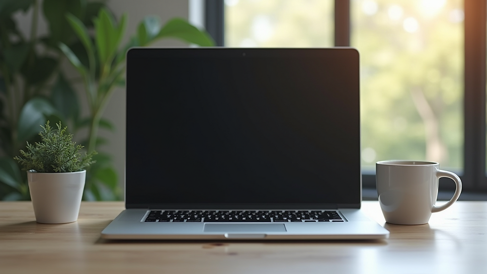 High angle view of a laptop with a coffee cup and a plant