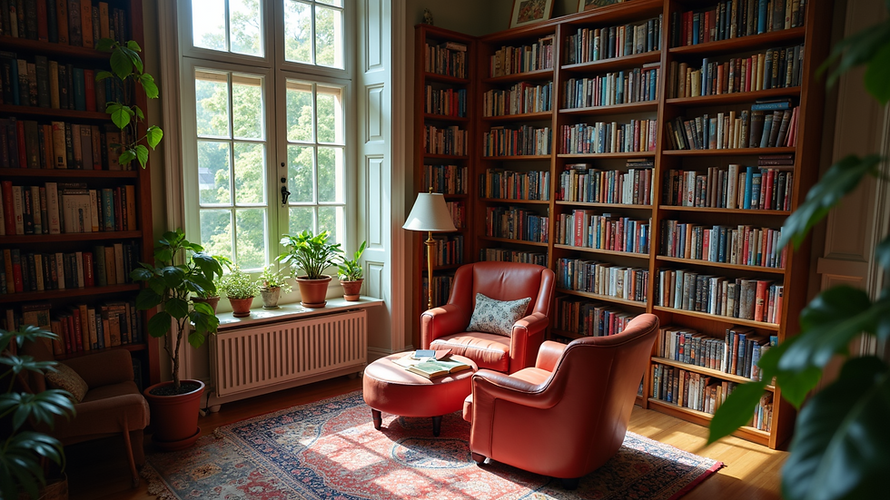 High angle view of a cozy reading nook filled with colorful books
