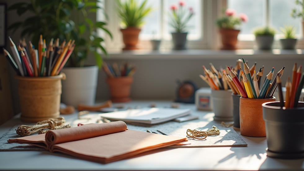 Eye-level view of a vibrant workspace with creative tools and materials