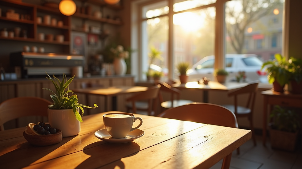 High angle view of a small cozy coffee shop with sunlight streaming in