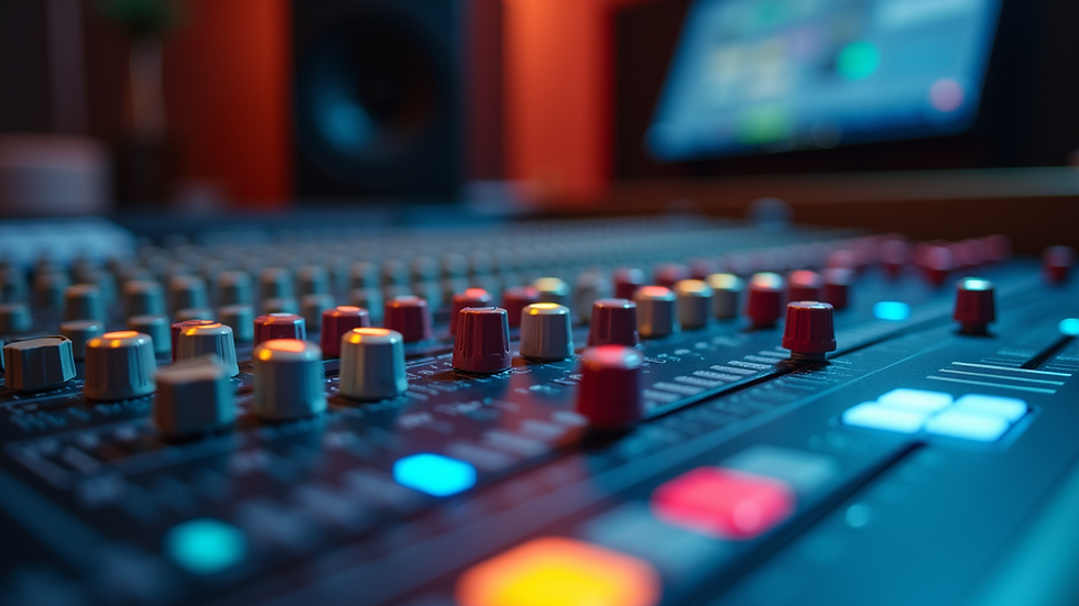 Close-up view of a professional audio mixing console with colorful knobs and sliders