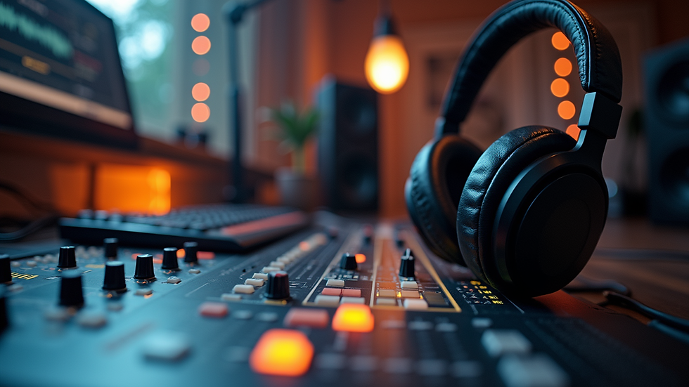 Eye-level view of a music producer’s workspace with headphones and mixing console