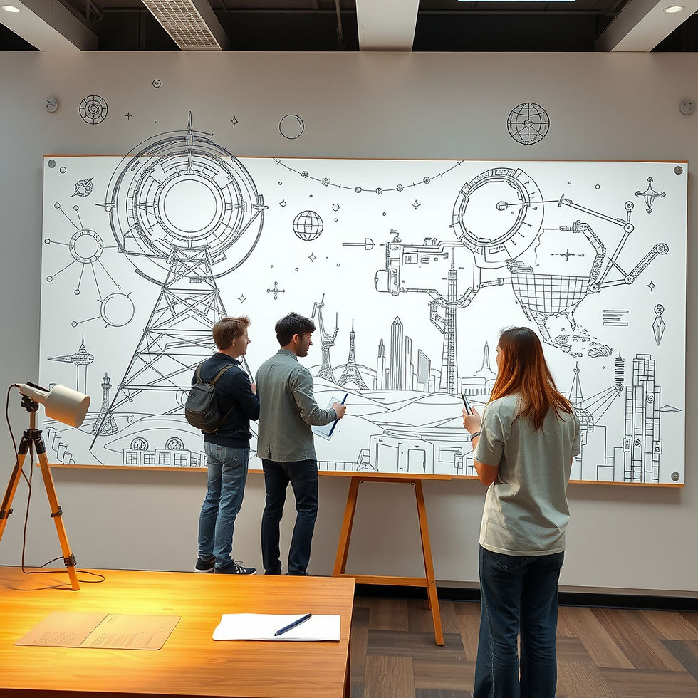 photo réaliste d'une équipe en entreprise en train de dessiner sur un paperboard le futur