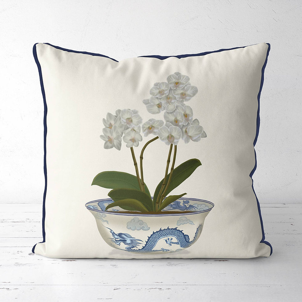 Chinoiserie Orchid floral dragon bowl pillow patio cushion