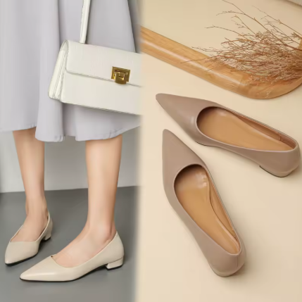 Sapatos Femininos Elegantes – Bico Fino, Modelo Raso, Salto Quadrado, Em Couro, Scarpin de Moda para