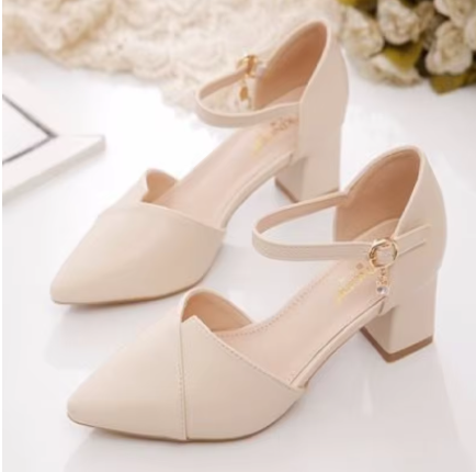 Sapatos Femininos Elegantes – Bico Fino, Modelo Raso, Salto Quadrado, Em Couro, Scarpin de Moda para