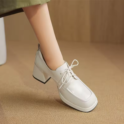 Loafers Femininos de Primavera/Outono – Em Couro Legítimo, Salto Grosso com Plataforma, Bico Quadrad