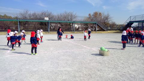 園庭で遊ぶ子供たち。先生と楽しそうに遊んでいます。活気あふれる風景。
