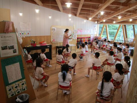 先生が子供達に授業をしている様子 始業式 幼稚園の教室で説明している。