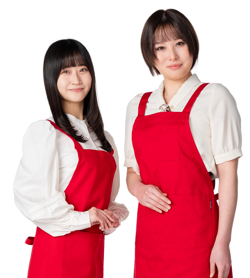 赤いエプロンを着た2人の実演販売士