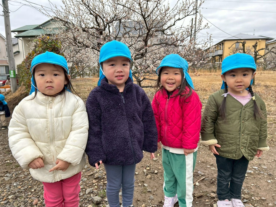青い帽子をかぶった4人の園児たち