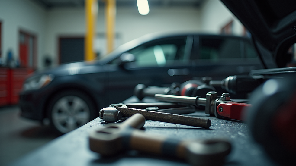 Eye-level view of a car workshop with various tools on the workbench.