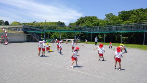 園庭で遊ぶ子供たち。赤い帽子と服を着て、5月【年少】今週の様子。青空の下で活動。