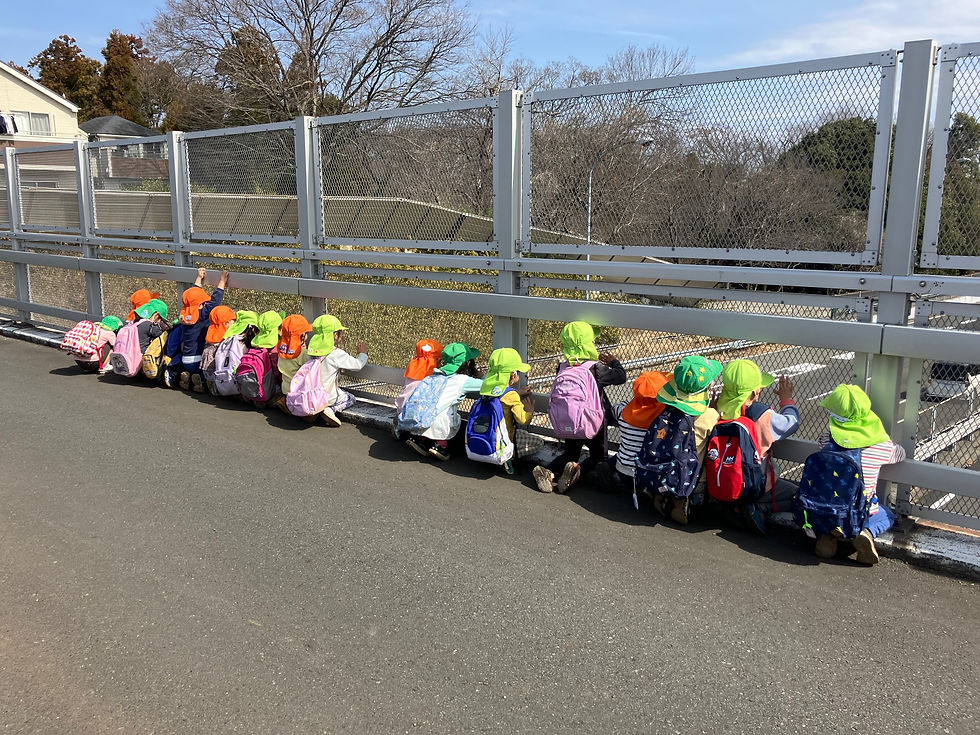 子供たちが橋の上で景色を見ている