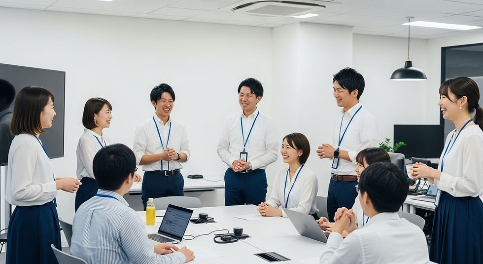 笑顔の社員一同、会議室で活気のあるミーティング