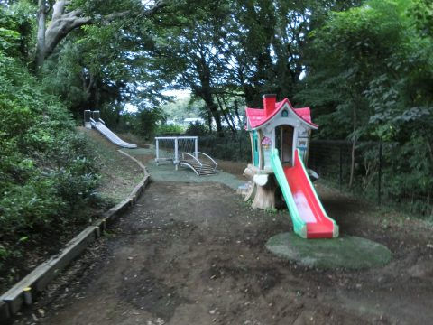 遊具と木々が並ぶ自然観察公園。滑り台、小屋、橋があります。 全学年　自然観察公園にて・・・