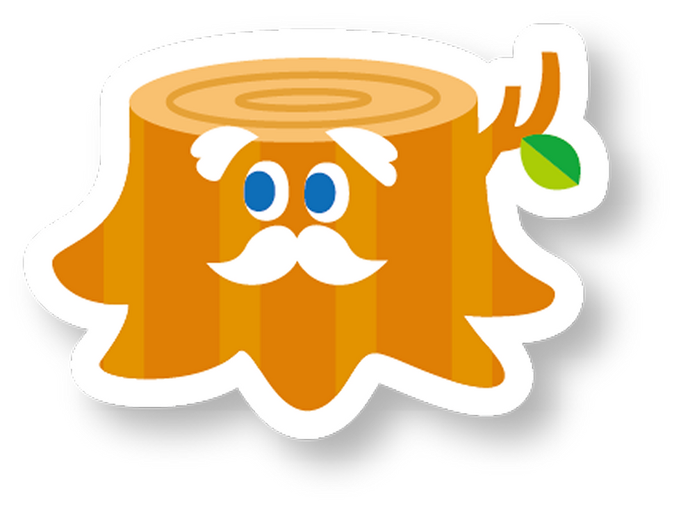 陽気なおじいさんの木の切り株のイラストです。笑顔のキャラクターデザインが特徴的です。