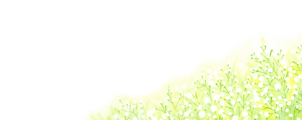優しい水彩画風の白い花と緑の草花