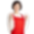 笑顔でガッツポーズをする赤いエプロンの女性