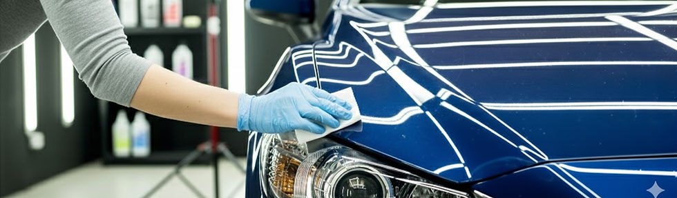 青い車を磨いている人。手袋、タオル、車の詳細、輝き、メンテナンス、綺麗。