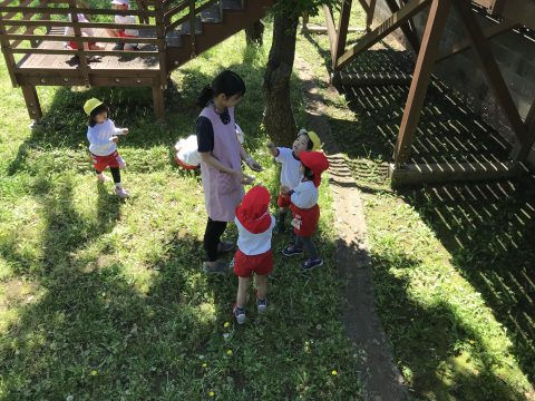 子供と先生が遊ぶ様子。園庭で楽しそうに遊ぶ様子が写っています。