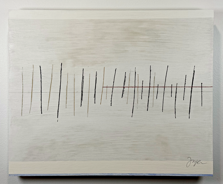 Bleed, 2026 by Jasper Simons. Graphite, acrylic, and pumice on wood (16" by 20")