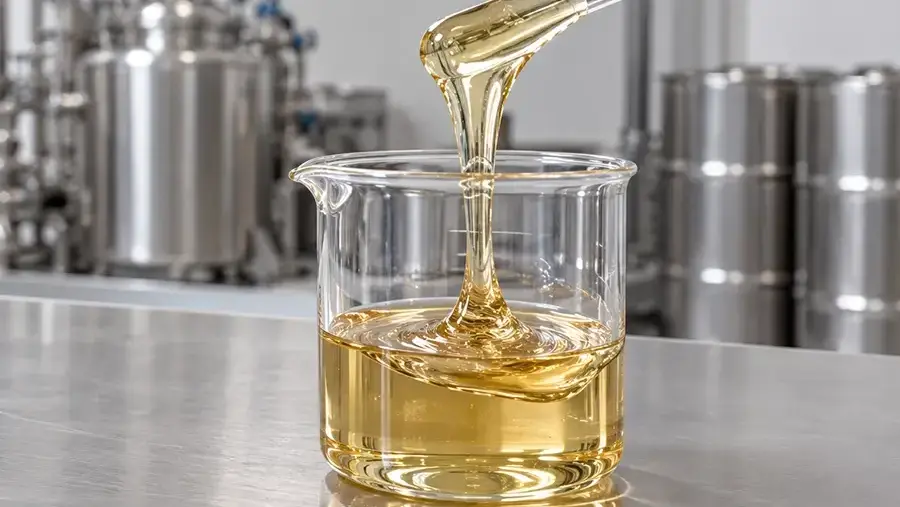 Viscous Hydroxyl-Terminated Polybutadiene (HTPB) resin being poured into a glass beaker in an industrial laboratory.
