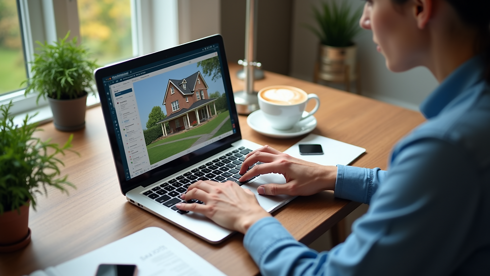 High angle view of a person reviewing property listings on a laptop