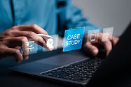Case study education concept. Businessman use laptop with virtual case study icon for anal
