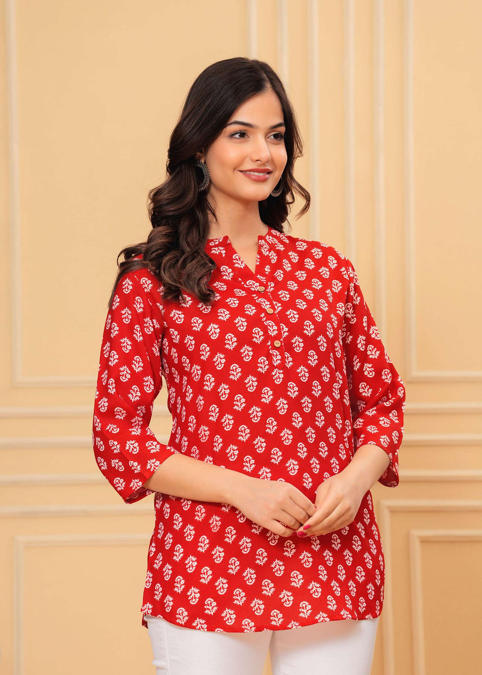 Thumbnail: Red Block Print Cotton Blend Tunic Top