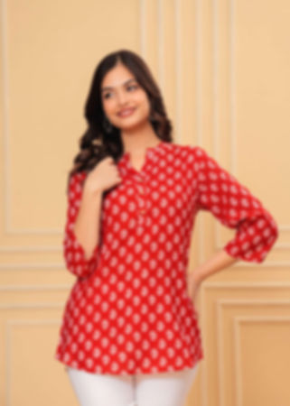 Red Block Print Cotton Blend Tunic Top