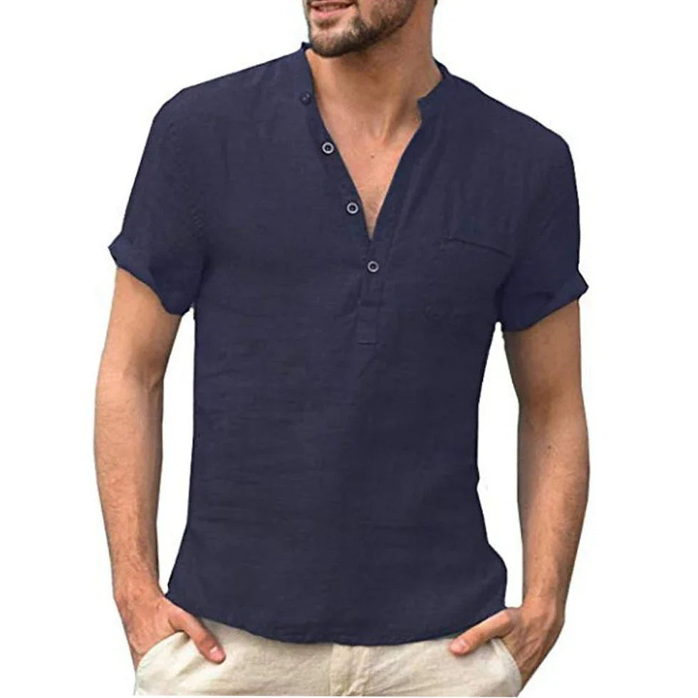 Thumbnail: Casual Men's Linen Shirt – Short Sleeve 3-Button V-Neck Top with Pocket for Ever