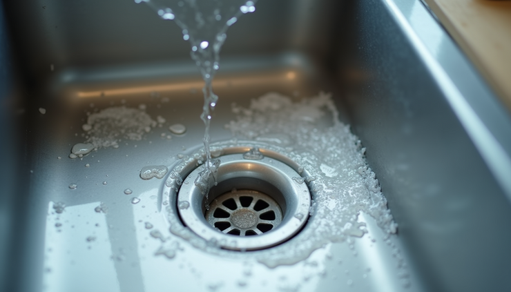 Close-up saluran air dapur yang bersih setelah dibersihkan secara alami