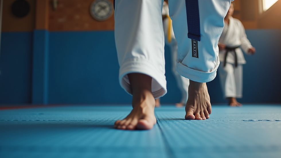 Close-up view of a martial arts gi and belt on a training mat